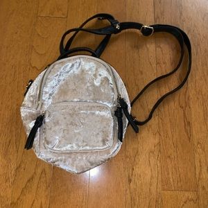 Cream Velvet Mini Backpack with Black Adjustable Faux Leather Strap